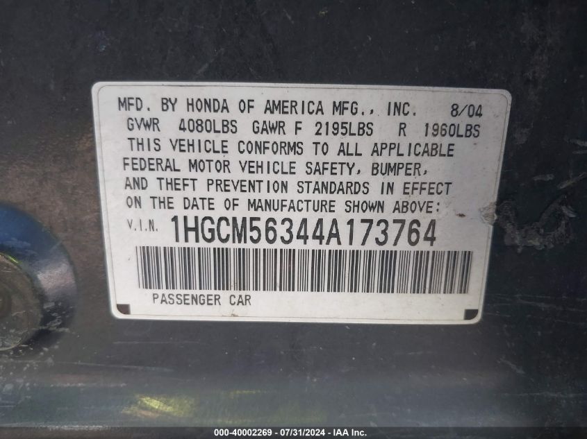 2004 Honda Accord 2.4 Lx VIN: 1HGCM56344A173764 Lot: 40002269