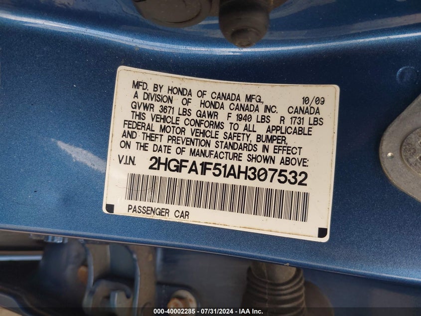 2010 Honda Civic Lx VIN: 2HGFA1F51AH307532 Lot: 40002285