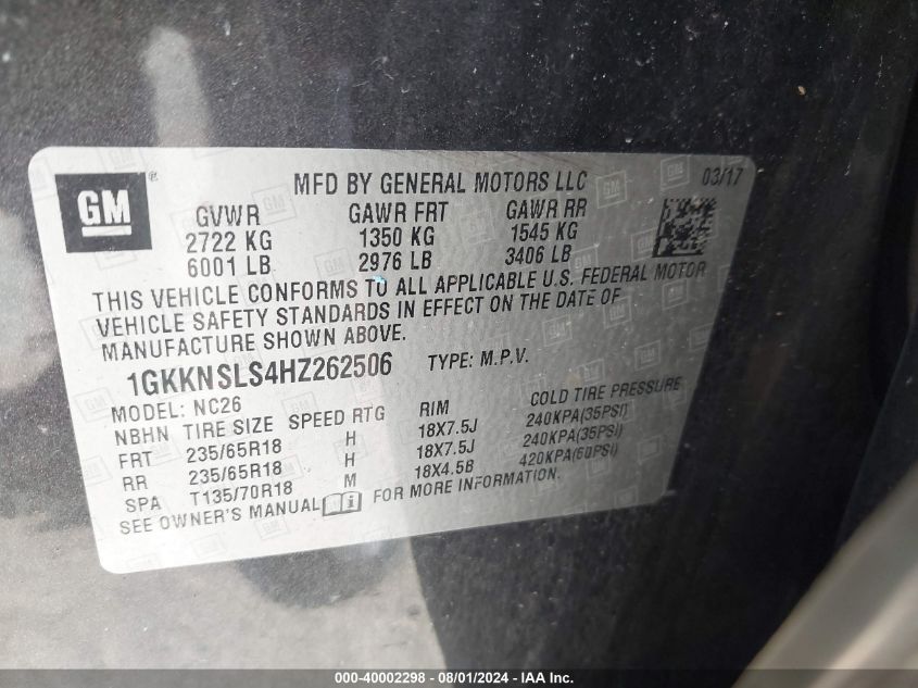 1GKKNSLS4HZ262506 2017 GMC Acadia Sle-2