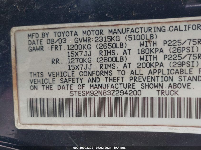 2003 Toyota Tacoma Prerunner VIN: 5TESM92N83Z294200 Lot: 40002302