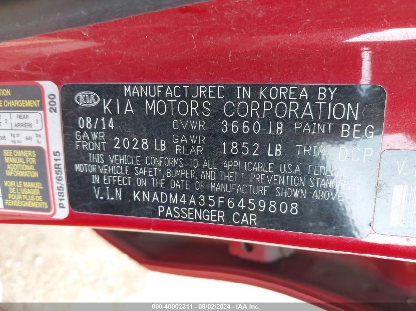 2015 Kia Rio Lx VIN: KNADM4A35F6459808 Lot: 40002311