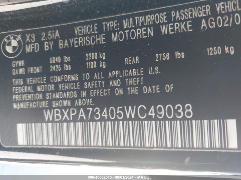 2005 BMW X3 2.5I VIN: WBXPA73405WC49038 Lot: 40002315