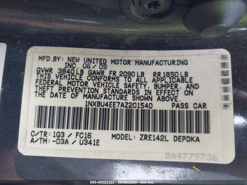 2010 Toyota Corolla Le VIN: 1NXBU4EE7AZ201540 Lot: 40002323