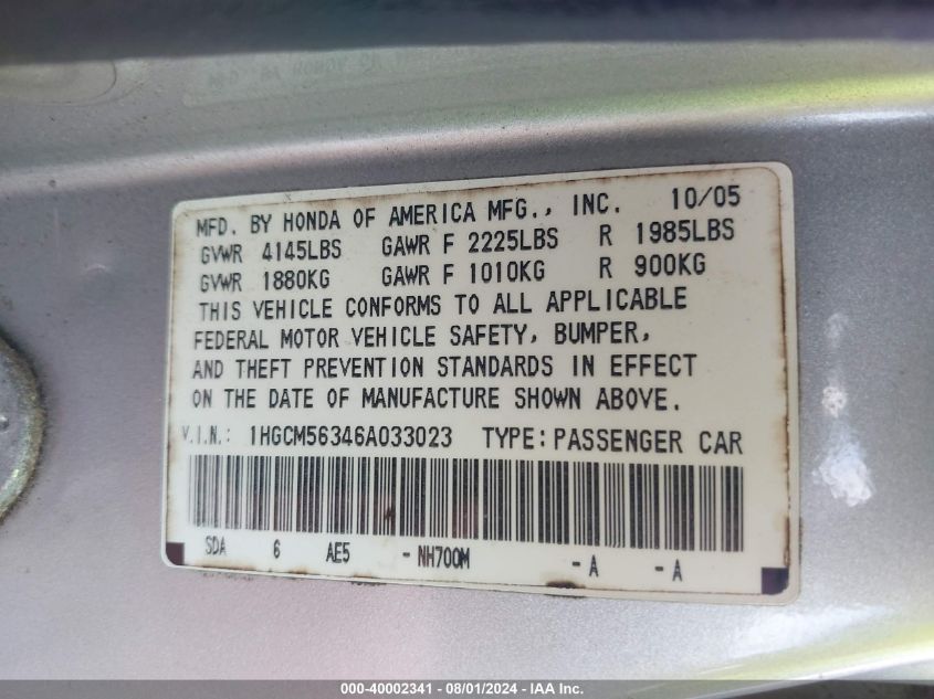2006 Honda Accord 2.4 Se VIN: 1HGCM56346A033023 Lot: 40002341