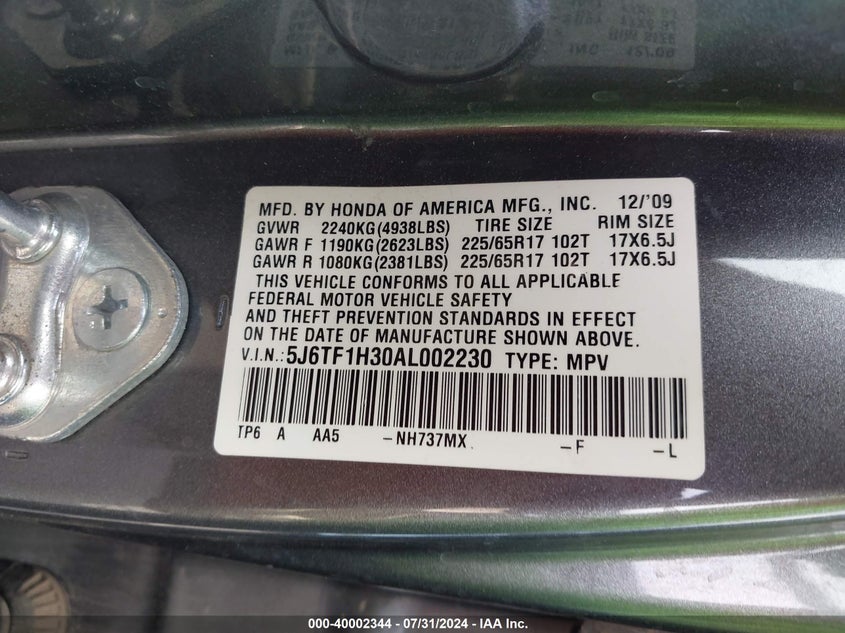 2010 Honda Accord Crosstour Ex VIN: 5J6TF1H30AL002230 Lot: 40002344