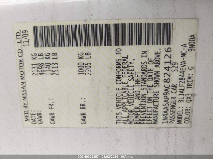 2010 Nissan Maxima 3.5 Sv VIN: 1N4AA5AP9AC824126 Lot: 40002357