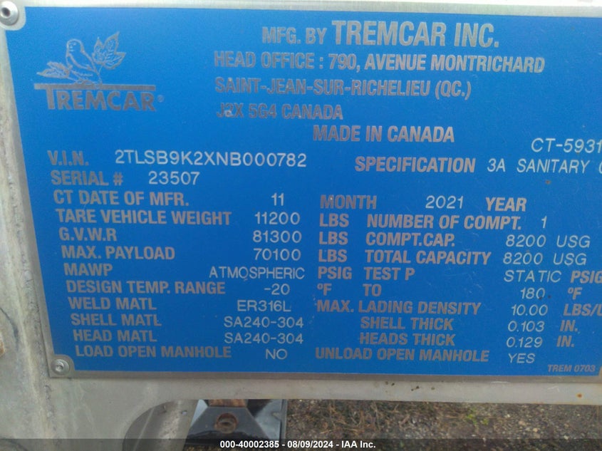 2022 TREMCAR TANK TRAILER (VIN: 2TLSB9K2XNB000782