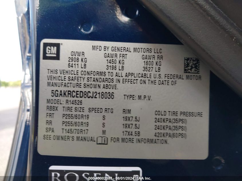 2012 Buick Enclave Leather VIN: 5GAKRCED8CJ218036 Lot: 40002387