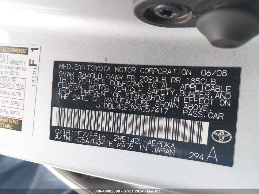 2009 Toyota Corolla Le VIN: JTDBL40E399057417 Lot: 40002390