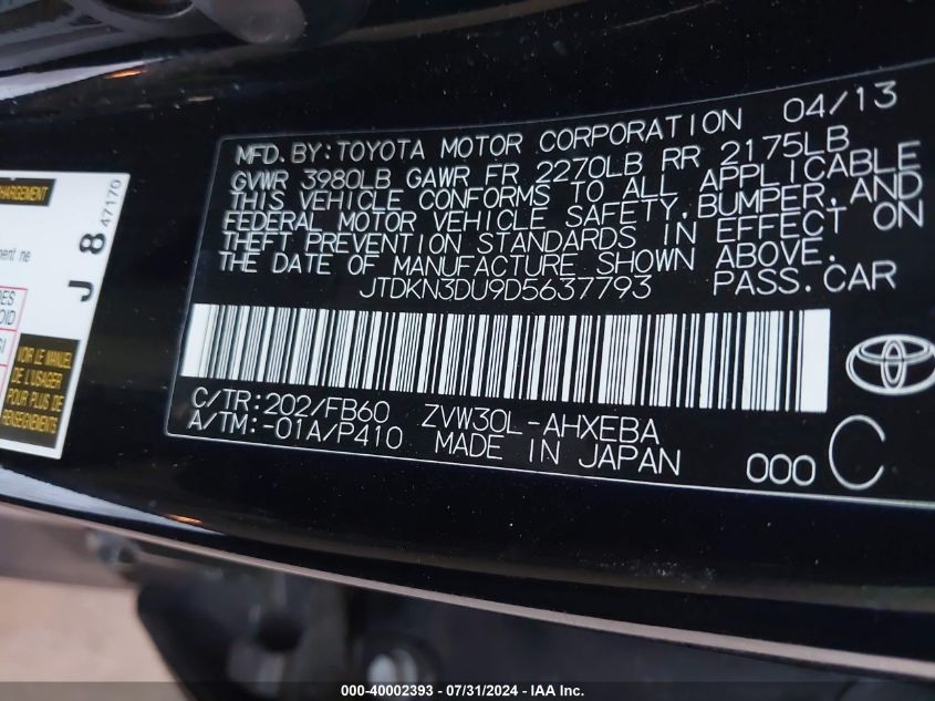 JTDKN3DU9D5637793 2013 Toyota Prius Three