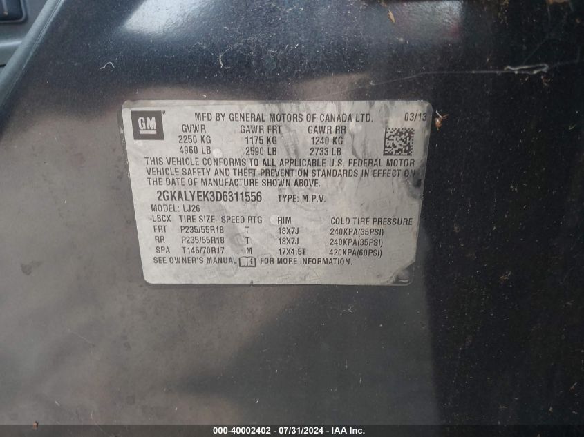 2013 GMC Terrain Denali VIN: 2GKALYEK3D6311556 Lot: 40002402