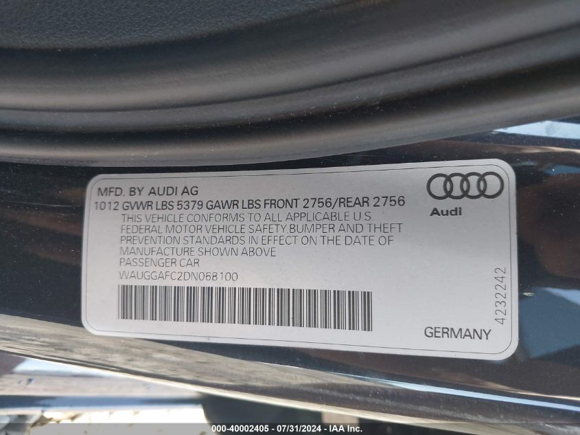 2013 Audi A6 3.0T Premium VIN: WAUGGAFC2DN068100 Lot: 40002405