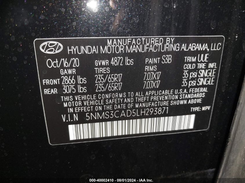 2020 Hyundai Santa Fe Sel VIN: 5NMS3CAD5LH293871 Lot: 40002410