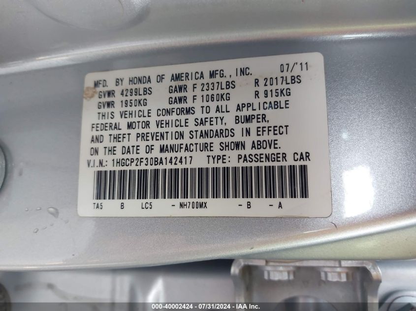 1HGCP2F30BA142417 | 2011 HONDA ACCORD