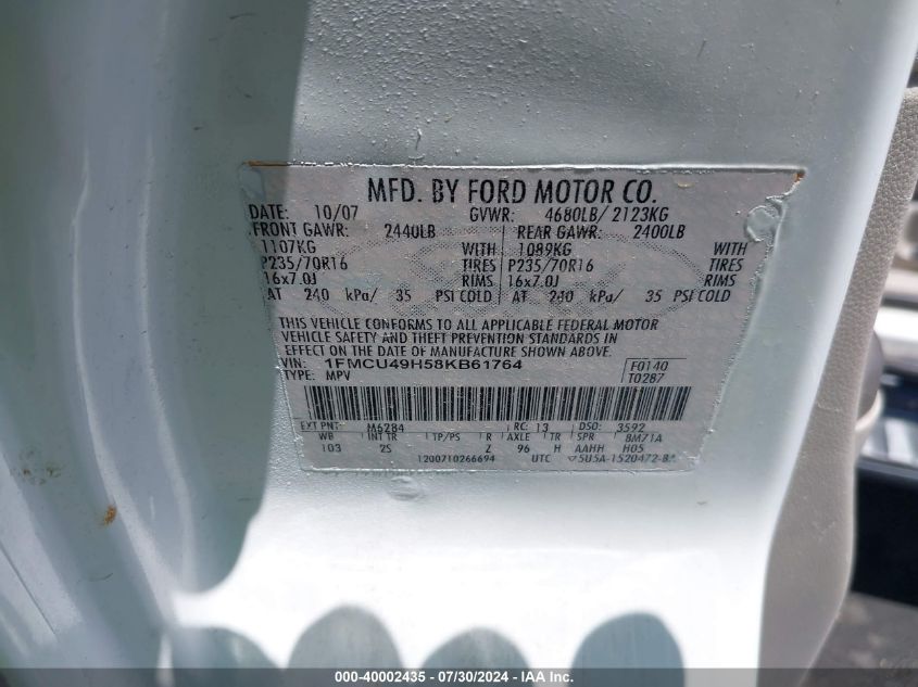 2008 Ford Escape Hybrid VIN: 1FMCU49H58KB61764 Lot: 40002435