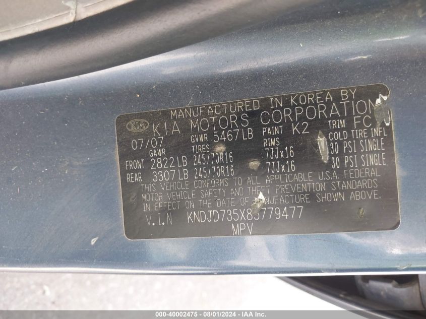2008 Kia Sorento Ex/Lx VIN: KNDJD735X85779477 Lot: 40002475