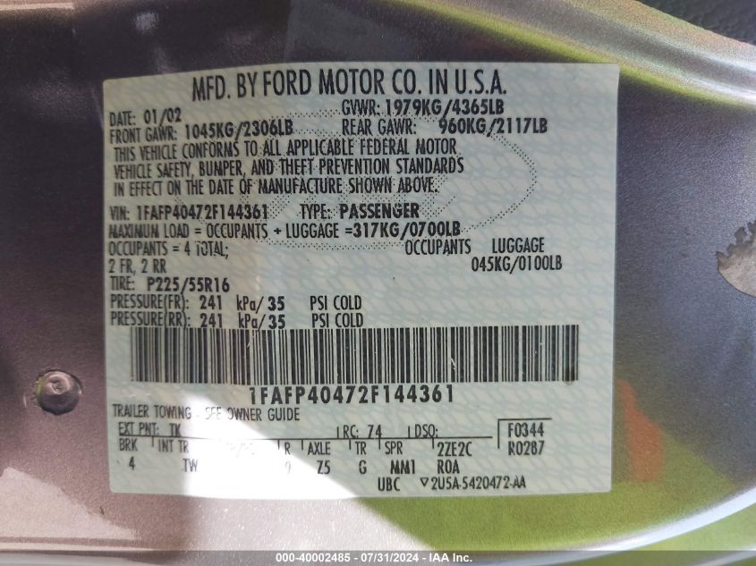 2002 Ford Mustang VIN: 1FAFP40472F144361 Lot: 40002485