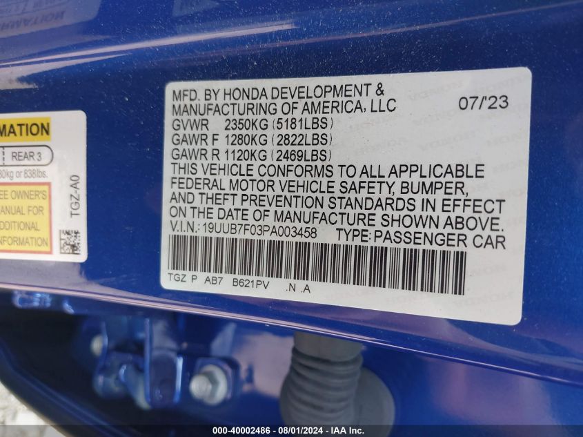 19UUB7F03PA003458 2023 Acura Tlx Type S/Type S Pmc Edition