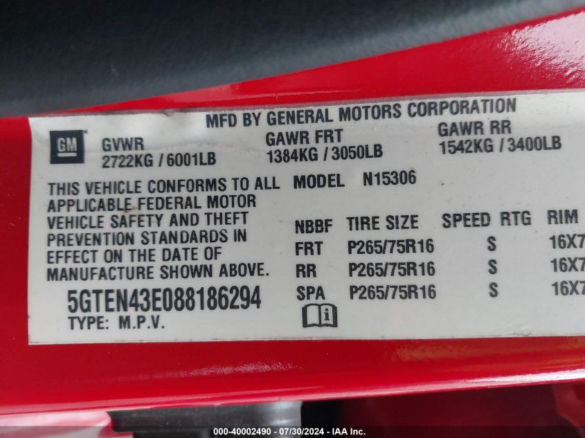 2008 Hummer H3 Suv VIN: 5GTEN43E088186294 Lot: 40002490