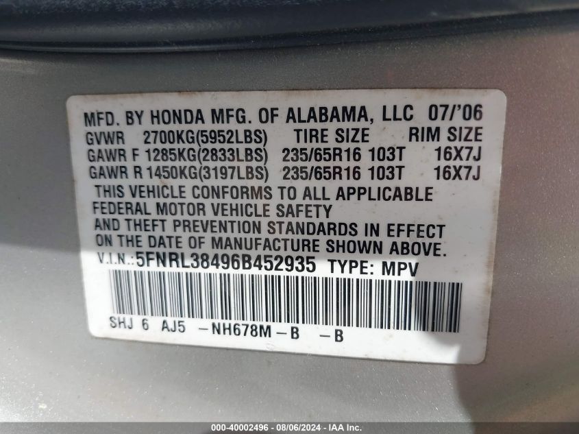 2006 Honda Odyssey Ex VIN: 5FNRL38496B452935 Lot: 40002496