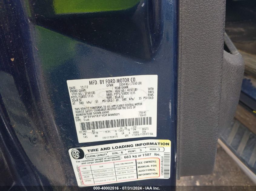 2013 Ford F-150 Xlt VIN: 1FTFW1EF1DFA98521 Lot: 40002516