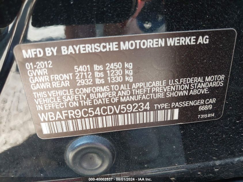 2012 BMW 550I I VIN: WBAFR9C54CDV59234 Lot: 40002537