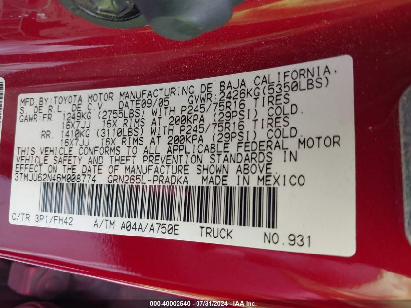 2006 Toyota Tacoma Prerunner V6 VIN: 3TMJU62N46M008774 Lot: 40002540