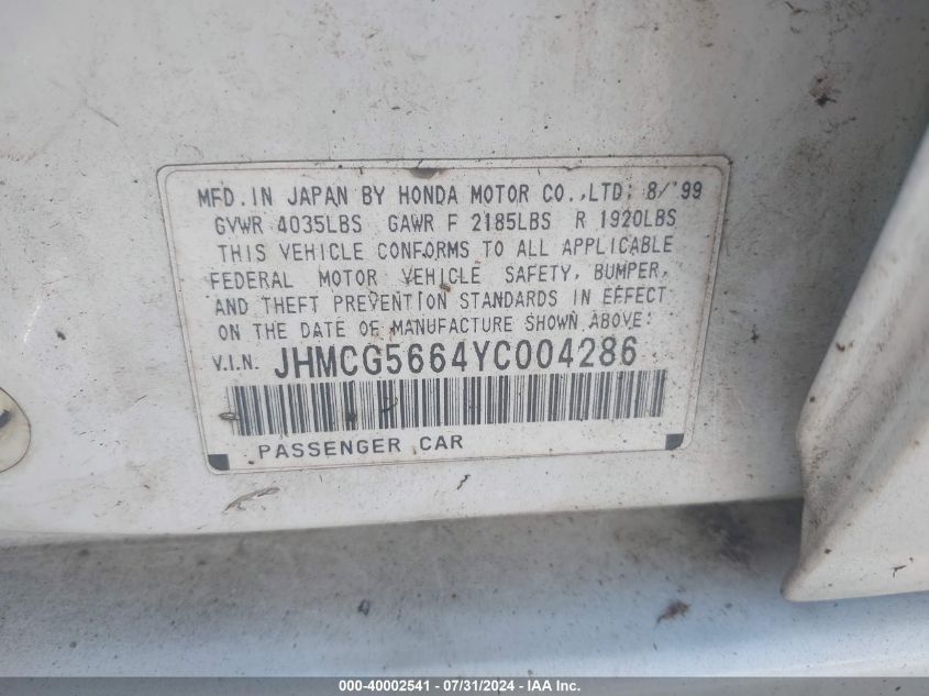 2000 Honda Accord 2.3 Ex VIN: JHMCG5664YC004286 Lot: 40002541