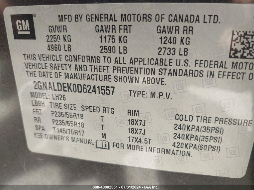 2013 Chevrolet Equinox 1Lt VIN: 2GNALDEK0D6241557 Lot: 40002551