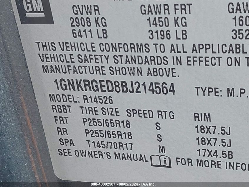 2011 Chevrolet Traverse 1Lt VIN: 1GNKRGED8BJ214564 Lot: 40002587