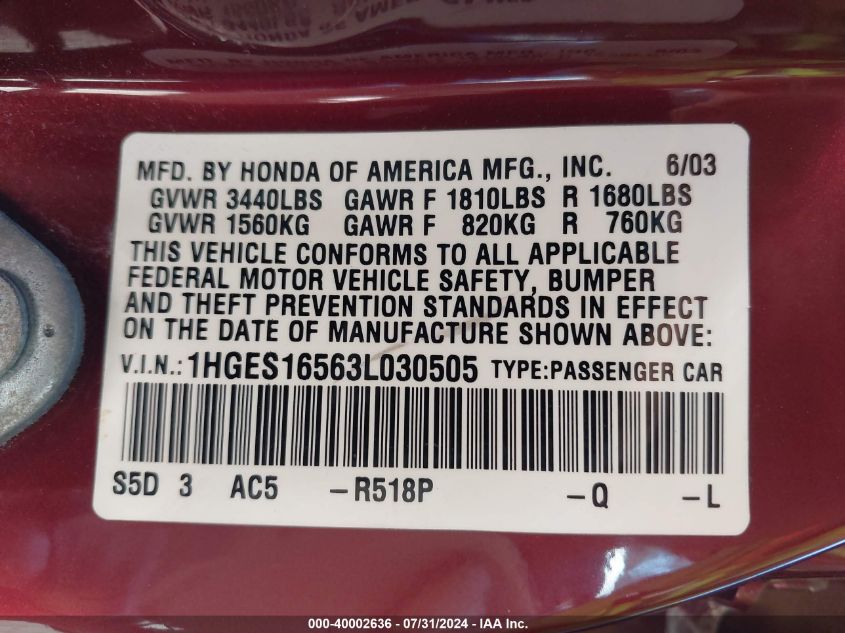 2003 Honda Civic Lx VIN: 1HGES16563L030505 Lot: 40002636