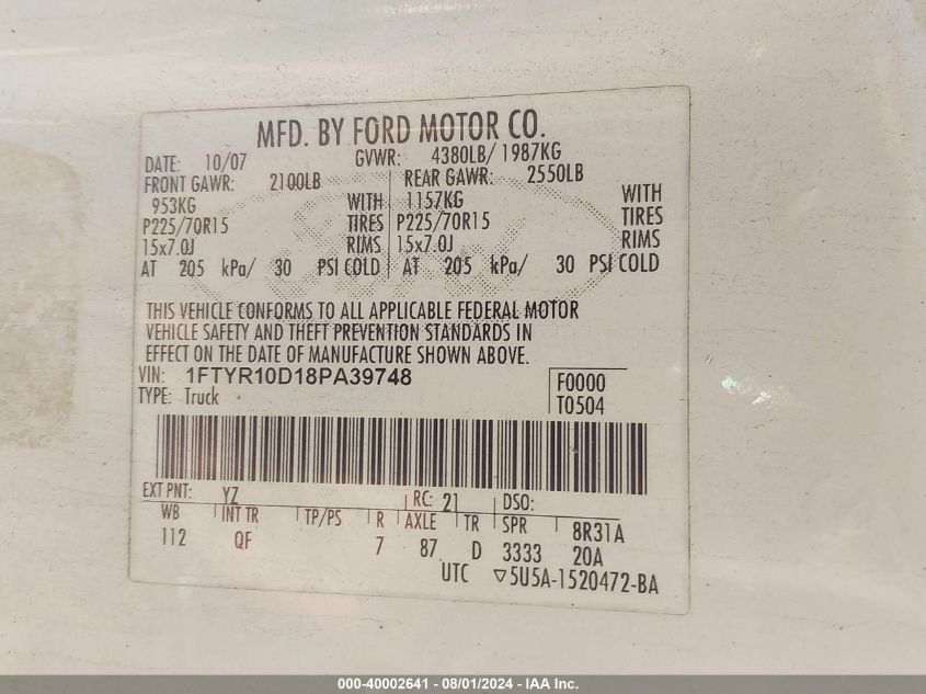 2008 Ford Ranger Xl/Xlt VIN: 1FTYR10D18PA39748 Lot: 40002641