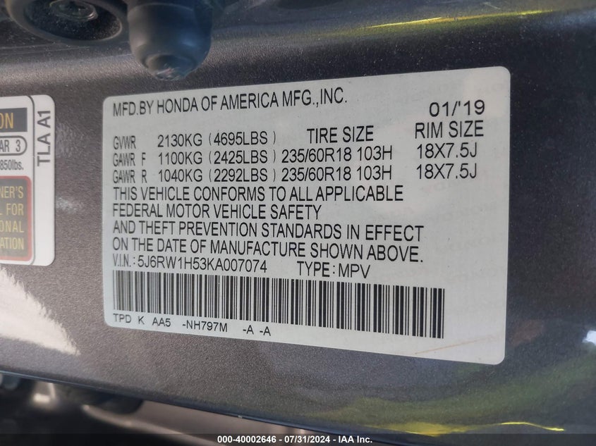 2019 Honda Cr-V Ex VIN: 5J6RW1H53KA007074 Lot: 40002646