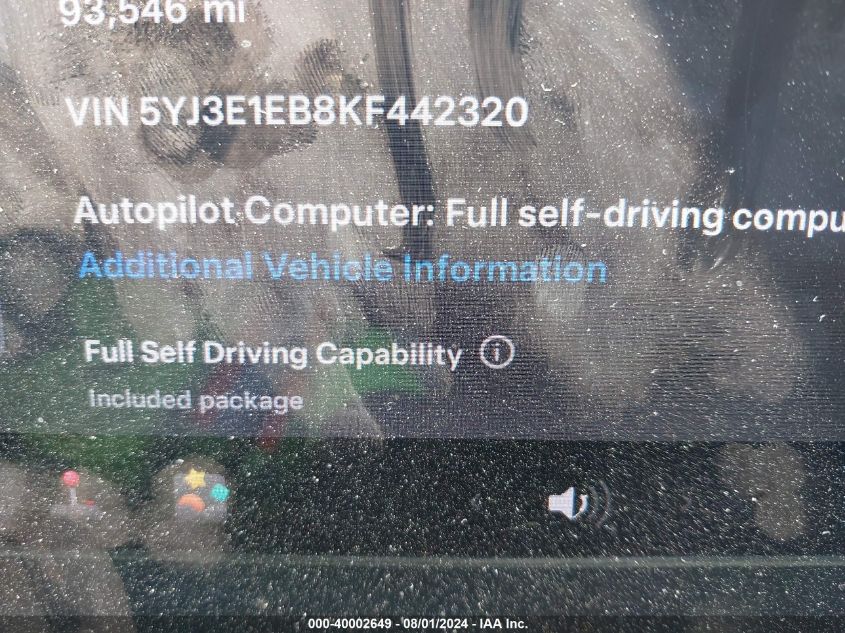 2019 Tesla Model 3 Long Range/Performance VIN: 5YJ3E1EB8KF442320 Lot: 40002649