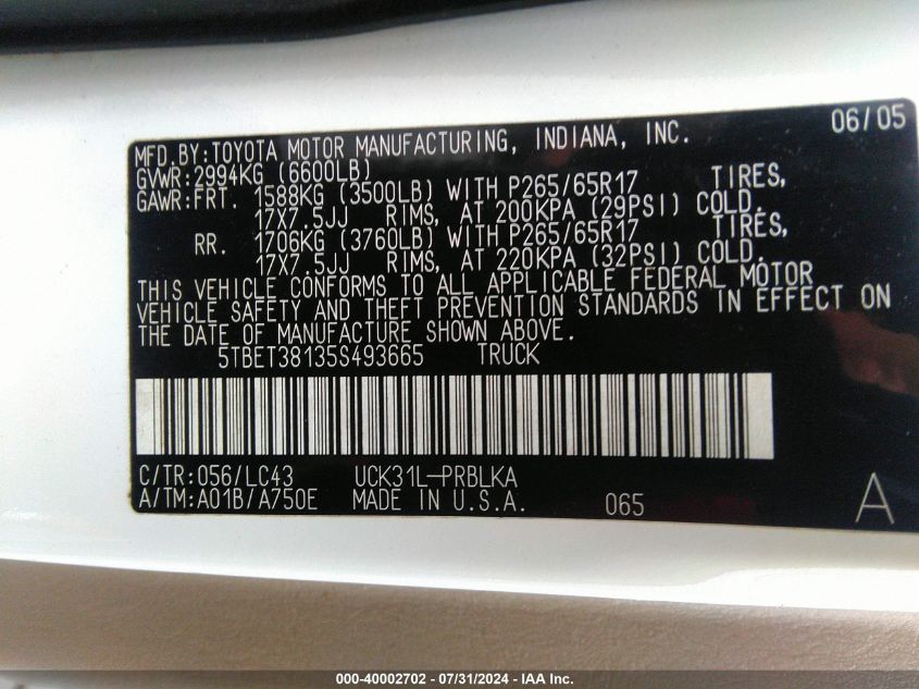 2005 Toyota Tundra Limited V8 VIN: 5TBET38135S493665 Lot: 40002702