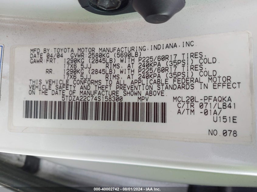 2004 Toyota Sienna Xle Limited VIN: 5TDZA22C74S158300 Lot: 40002742