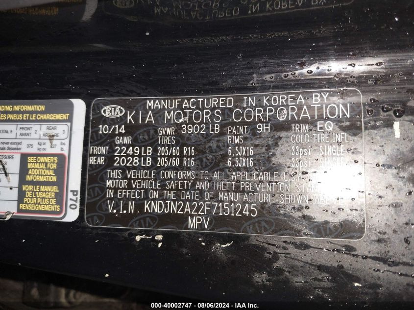 2015 Kia Soul VIN: KNDJN2A22F7151245 Lot: 40002747