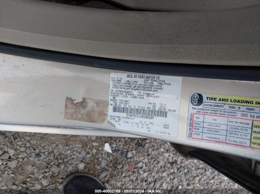 2010 Ford Fusion Sel VIN: 3FAHP0JG5AR288289 Lot: 40002769