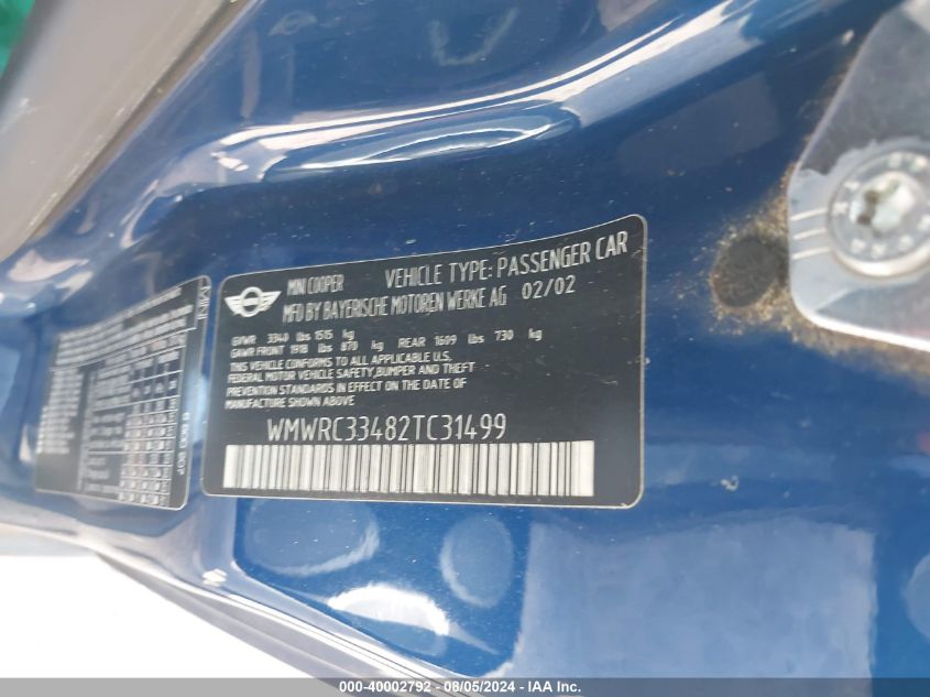 2002 Mini Cooper VIN: WMWRC33482TC31499 Lot: 40002792
