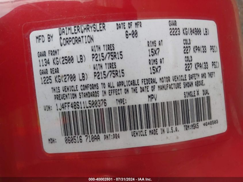 2001 Jeep Cherokee Sport VIN: 1J4FF48S11L500376 Lot: 40002801