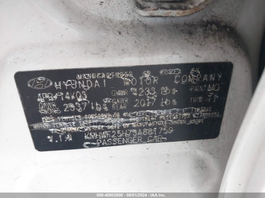 2003 Hyundai Sonata Base W/2.7L V6 VIN: KMHWF25H73A881759 Lot: 40002808