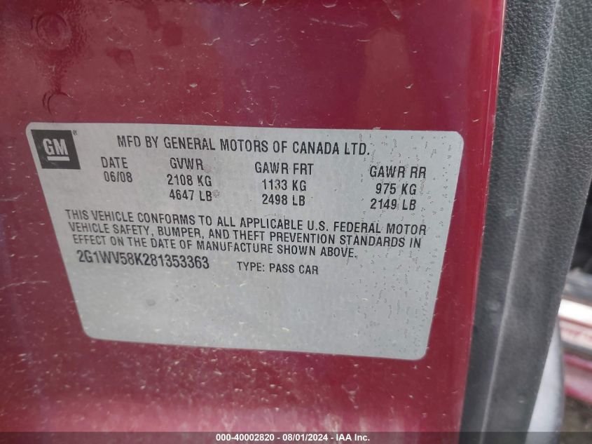2008 Chevrolet Impala 50Th Anniversary VIN: 2G1WV58K281353363 Lot: 40002820