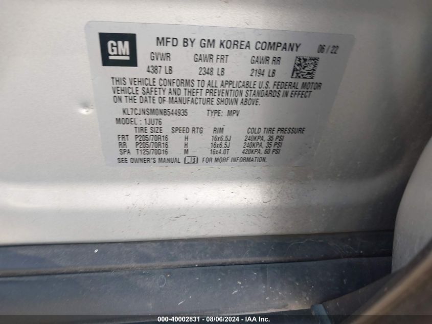 2022 Chevrolet Trax Awd Ls VIN: KL7CJNSM0NB544935 Lot: 40002831