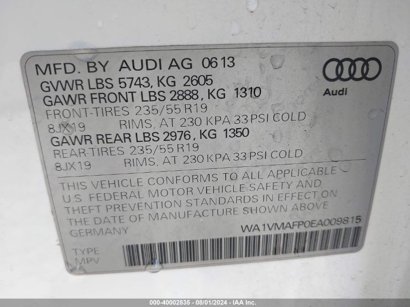 2014 Audi Q5 3.0 Tdi Premium Plus VIN: WA1VMAFP0EA009815 Lot: 40002835