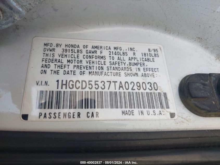 1996 Honda Accord Lx/Ex VIN: 1HGCD5537TA029030 Lot: 40002837