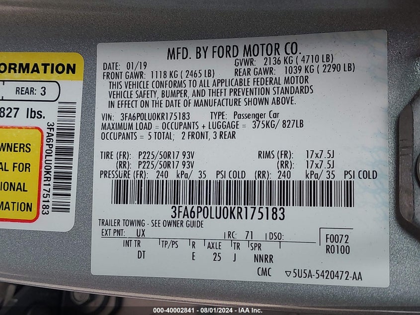 2019 Ford Fusion Hybrid Se VIN: 3FA6P0LU0KR175183 Lot: 40002841