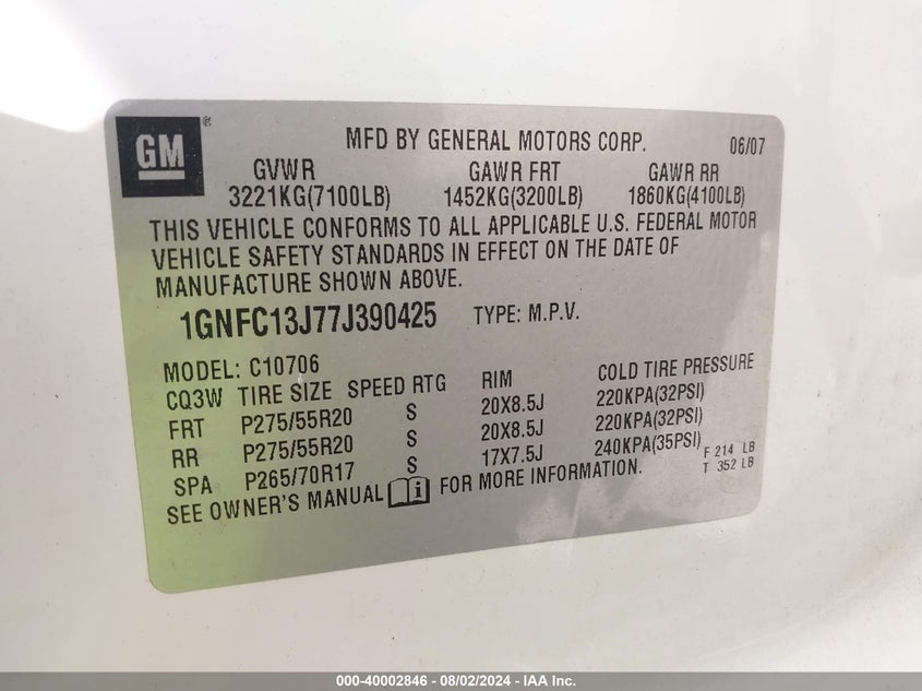 2007 Chevrolet Tahoe Lt VIN: 1GNFC13J77J390425 Lot: 40002846