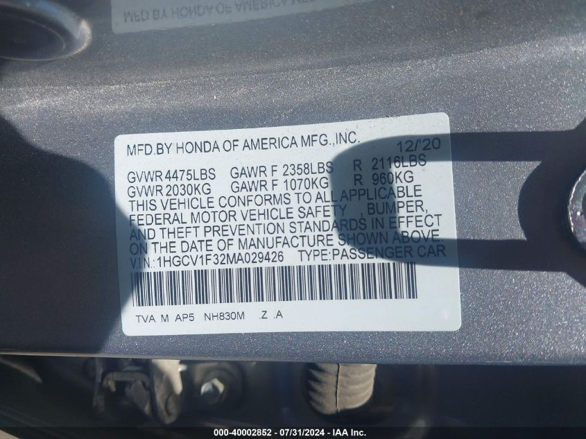 2021 Honda Accord Sport VIN: 1HGCV1F32MA029426 Lot: 40002852