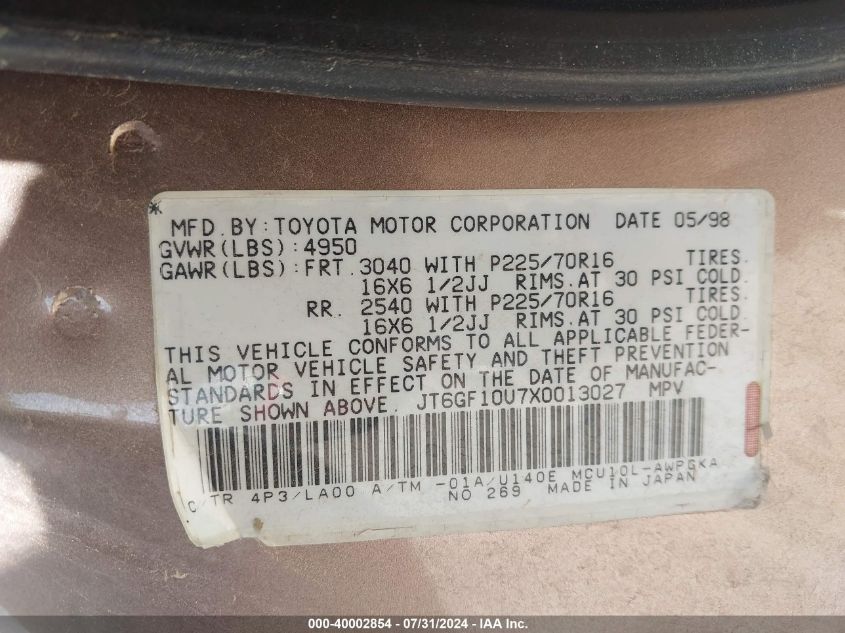 1999 Lexus Rx 300 300 VIN: JT6GF10U7X0013027 Lot: 40002854