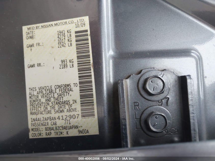 2010 Nissan Altima 2.5 S VIN: 1N4AL2AP8AN412907 Lot: 40002856